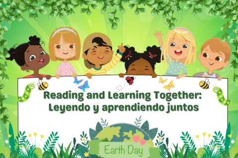 green background with multicultural boys and girls holding a sign in Spanish words saying "read and learn"