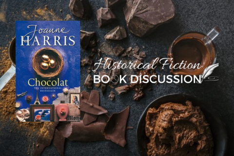 picture of book cover Chocolat and chocolate in various forms in the background.  Historical Fiction Book Discussion Logo