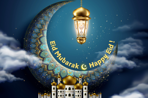 lantern and moon over mosque night blue sky with words, "Eid Mubarak - Happy Eid!"