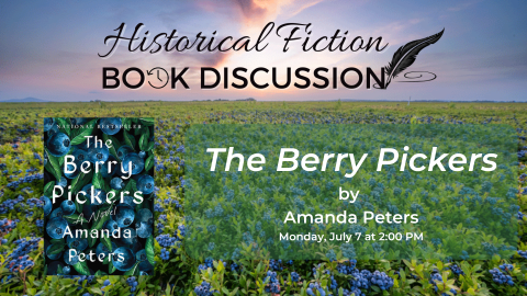 The Berry Pickers cover over a background of a field of blueberries