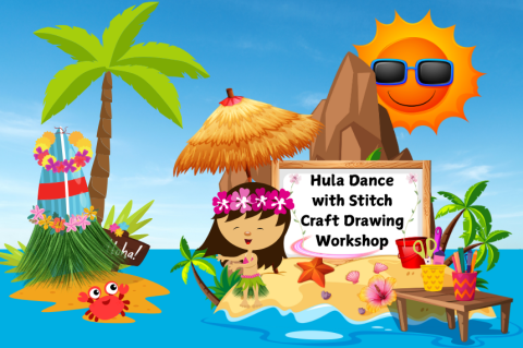 Hawaiian girl dancing on beach with a surfboard wearing a lei and grass skirt