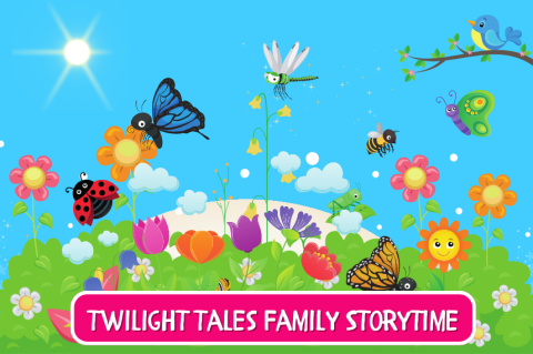 Flower garden and a pink sign that says "Twilight Tales Family Storytime"