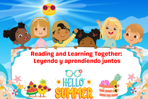 Multicultural kids standing behind a sign for "Reading and Learning" in Spanish with summer graphics