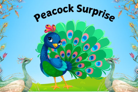 Peacock against blue background with heading, "Peacock Surprise"