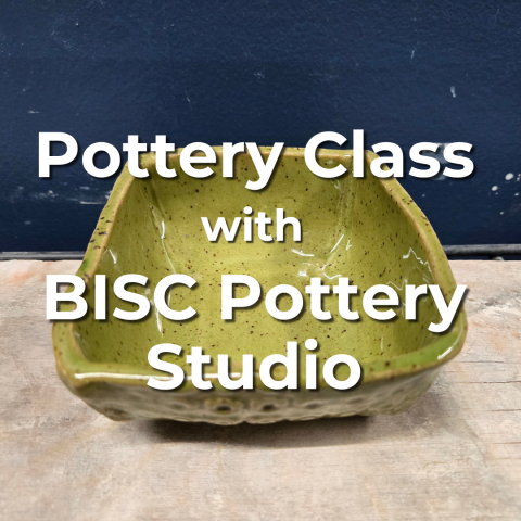 An image that says "Pottery Class with BISC Pottery Studio". In the background, there is a rectangular bowl painted with a green glaze.