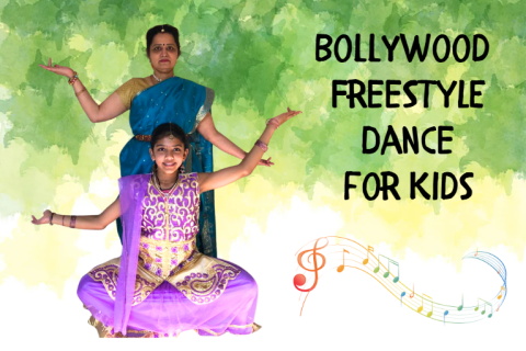 mom and daughter posing together with words "Bollywood Freestyle Dance for Kids"