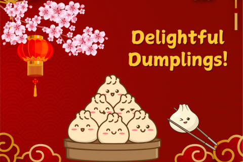 red background, hanging Chinese lantern with cherry blossom branch and plate of Chinese dumplings