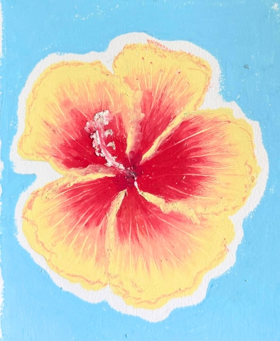 An oil pastel drawing of a hibiscus flower. The background of the image is sky blue and the flower is red in the center and fades to a pale yellow towards the edges of the petals.