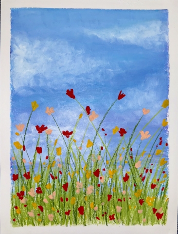 An oil pastel drawing of red, pink, and orange wildflowers in front of a backdrop of wispy clouds.
