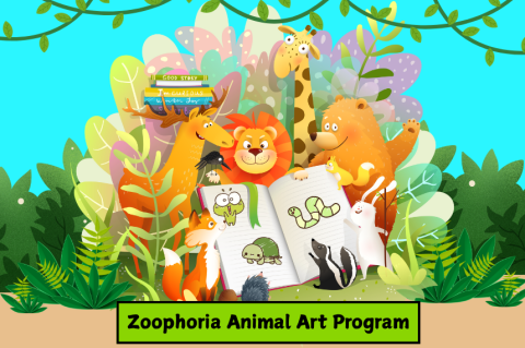 Jungle animals sitting around a book with animal drawings inside