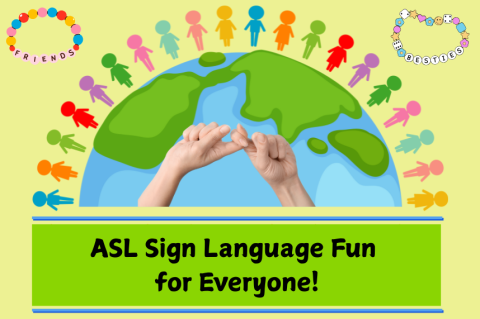 "friends" signed in ASL on half of a globe with colorful little figures on the top in a semi-circle