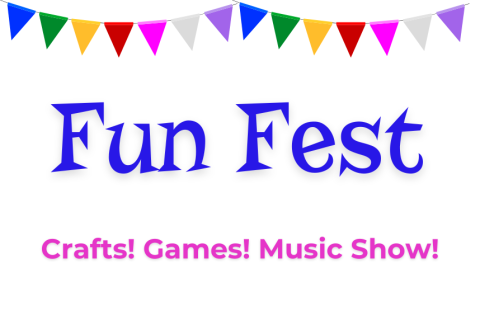 Fun Fest. Crafts, Games, Music Show. Colorful pendants