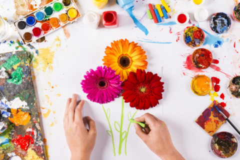 art supplies and flower artwork