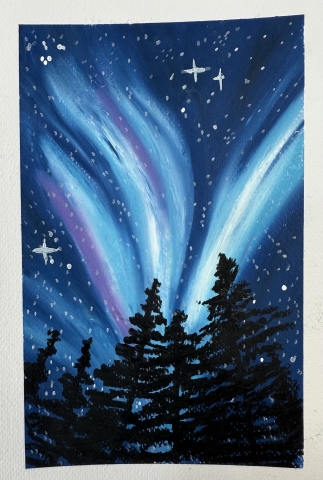 An oil pastel piece of a dark starry sky illuminated by light blue and lavender northern lights. In the foreground, there are pine trees silhouetted by the lights. 