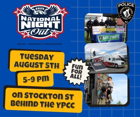 National Night Out logo with an eagle and photos from prior events including Safe Streets signs, a bicycle stunt, and a rock climbing wall.