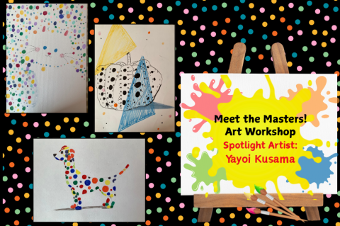 black background with colored polk a dots and 3 drawings using colored dots