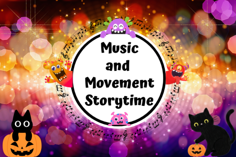 Colored bokah background in pink, purple and yellow circles with 2 black cats and pumpkins and "Music and Movement Storytime" text in a white circle in the center of the screen.