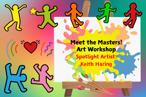 Colorful background with 5 dancing figures and a sign that says "Meet the Masters Art Workshop"