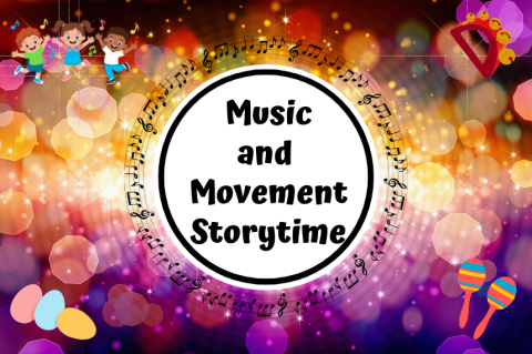 colorful purple and orange bokah background with egg shakers and bells and kids in the corners and music and movement in the middle in a white circle