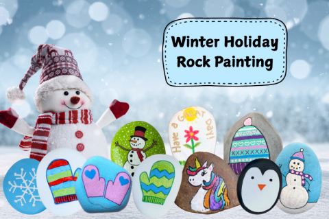 a snowman with ten different rocks with winter-themed art painted on them
