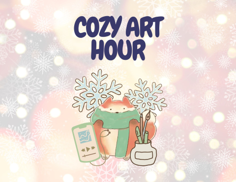 Text: Cozy art hour. Image: A fluffy illustrated fox wearing a green scarf, surrounded by snowflakes and paintbrushes.