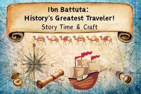 Old scroll with words "Ibn Battuta: History's Greatest Traveler!", old map, wooden ship, ancient compass and telescope