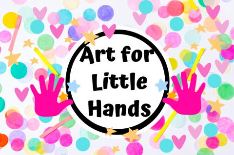 art for little hands (text in white circle) surrouded by pastel hearts