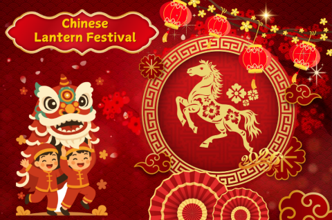 Chinese art background in red & gold with gold horse in circle and lion dancers