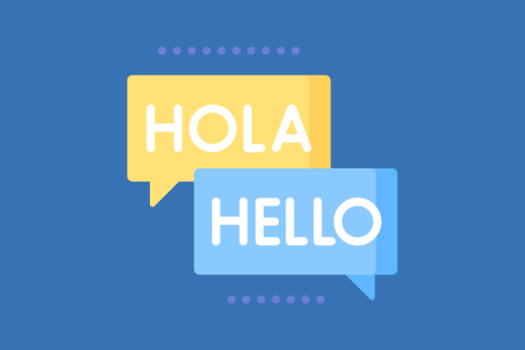 Two speech bubbles that say "Hola" and "Hello" / Dos bocadillos que dicen "Hola" y "Hello"
