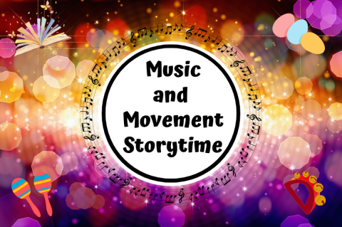 music and movement (text) in a white circle with colorful background