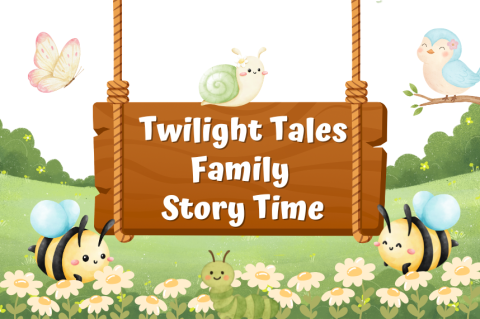 twilight tales family storytime on a hanging wooden sign in the meadow