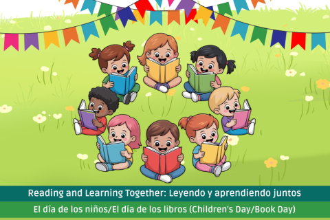 eight kids sitting in a circle reading books in grassy meadow with colorful banners hanging overhead