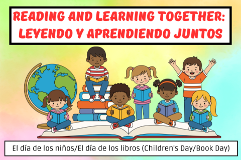 seven children sitting and reading together against a colorful background