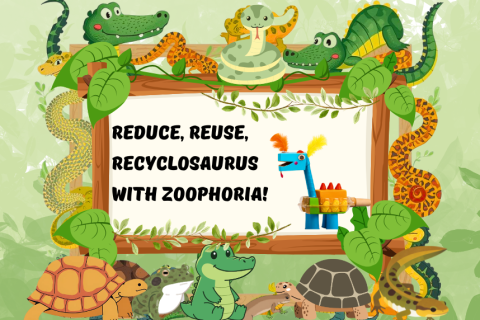 blue dinosaur made with recycled materials on a sign with words reduced, reused recyclosaurus with Zoophoria and a border framed with jungle animals