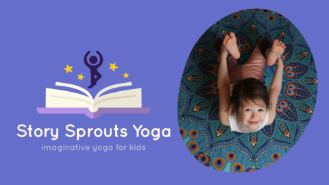 lilac colored background with child doing a yoga stretch on her tummy an open book with the words "story sprouts yoga"