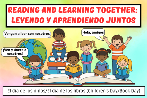 7 multicultural children sitting next to a globe saying hello and join us for reading in Spanish 