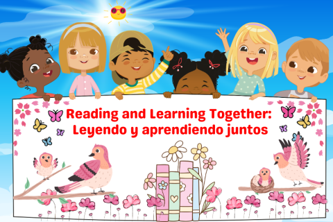 mom and baby birds on a branch with children holding a sign for a bilingual storytime