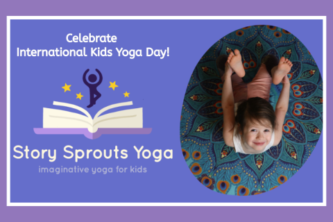 lilac colored background with child doing a yoga stretch on her tummy an open book with the words "story sprouts yoga"