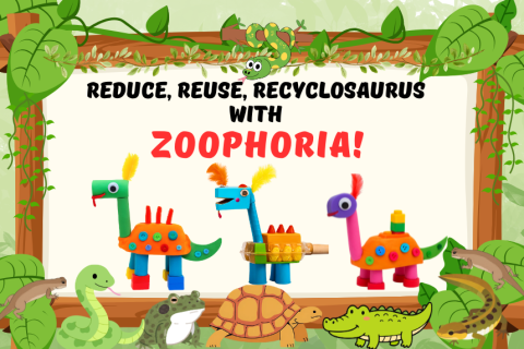 three dinosaurs made with recycled materials on a sign with words reduced, reused recyclosaurus with Zoophoria and a border framed with jungle animals