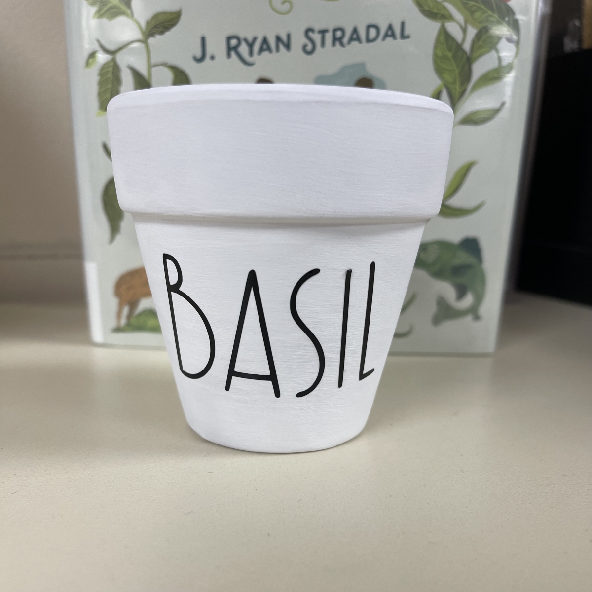 Small white pot with the word BASIL in black lettering