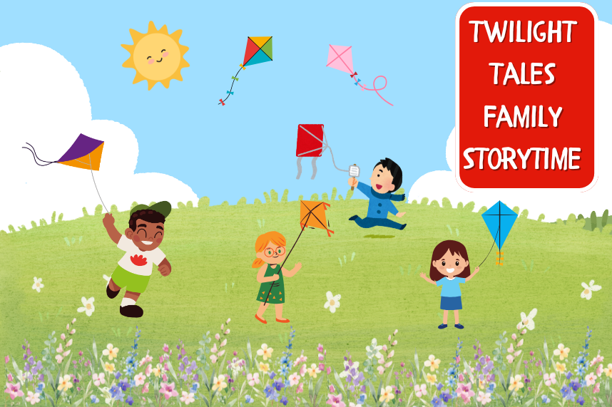 four kids flying kites in a grassy meadow on a sunny day