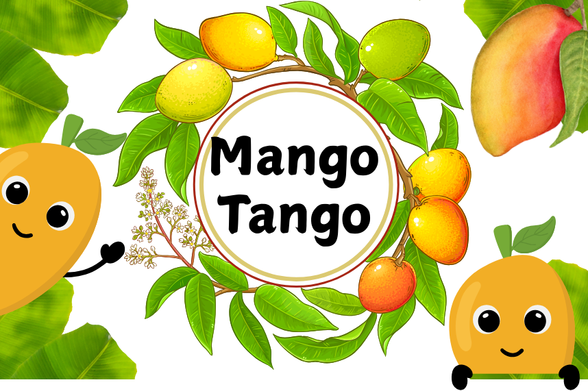 two animated mangoes and "Mango Tango" in a circular frame made of mangoes