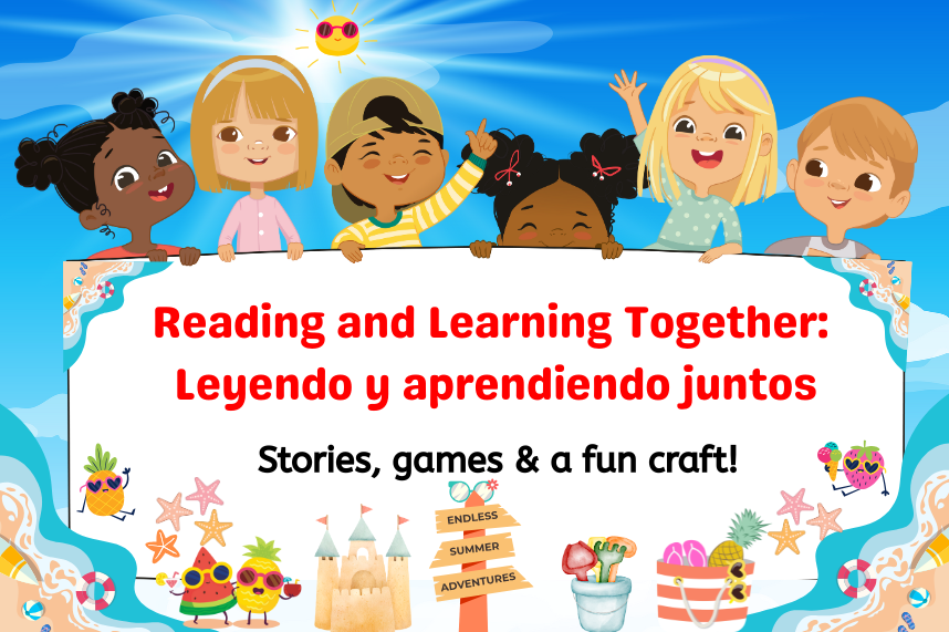 Six multicultural children holding a sign for a summer time bilingual storytime