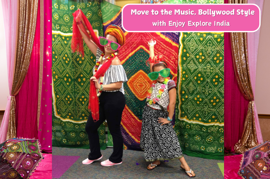 mother and daughter posing with fun sunglasses in front of Indian tapestries