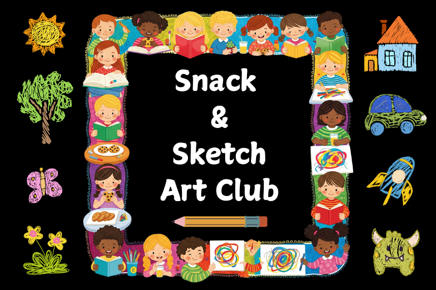 black background colorful border of children reading, drawing pictures and eating snacks