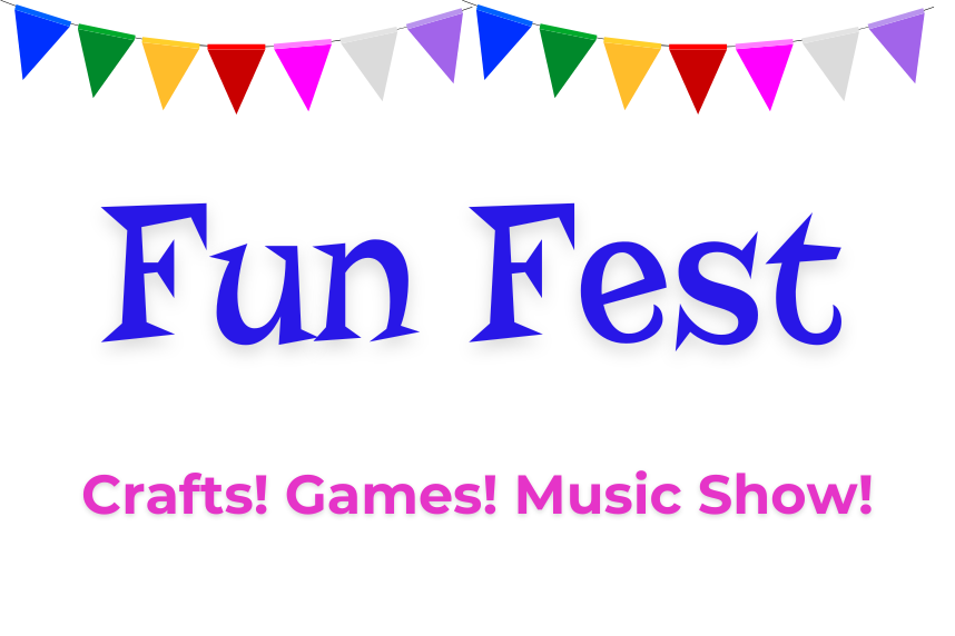 Fun Fest. Crafts, Games, Music Show. Colorful pendants