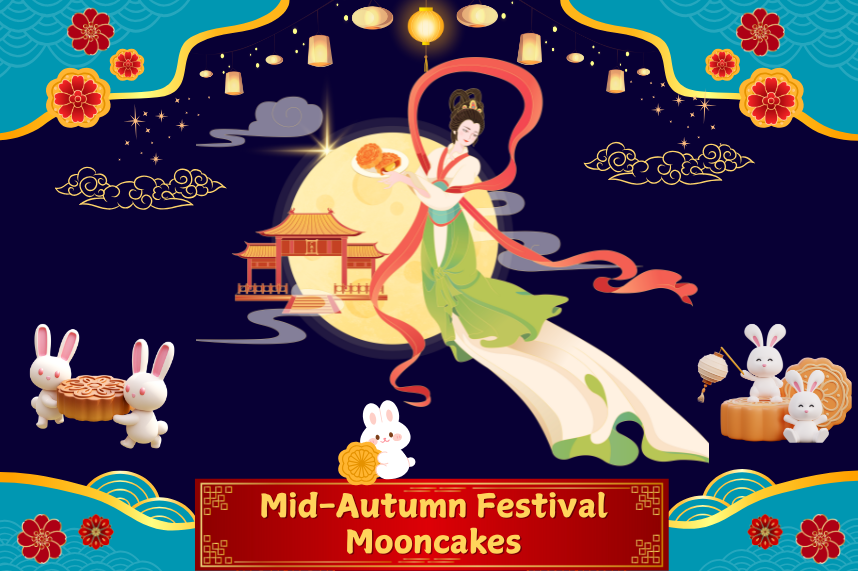 Chinese princess flying near a full moon with bunnies holding mooncakes