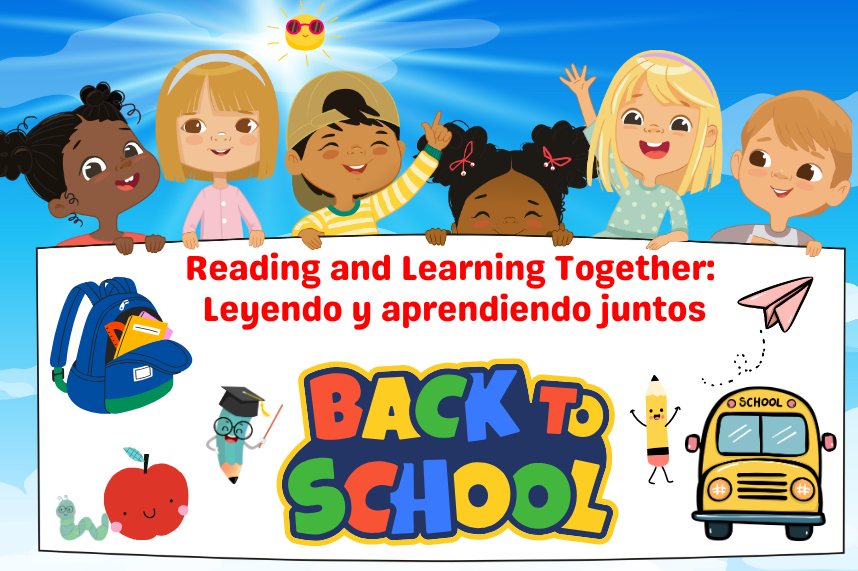 Six multicultural children holding a sign about a back to school storytime