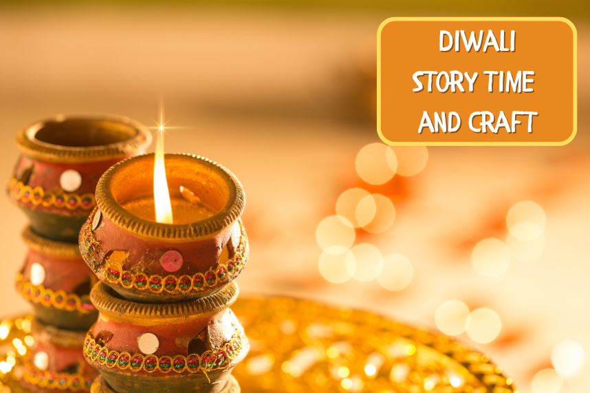 "Diwali Story Time and Craft" in words and 6 diya lamps