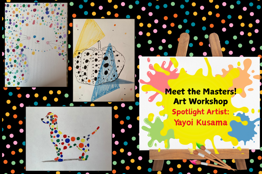 black background with colored polk a dots and 3 drawings using colored dots